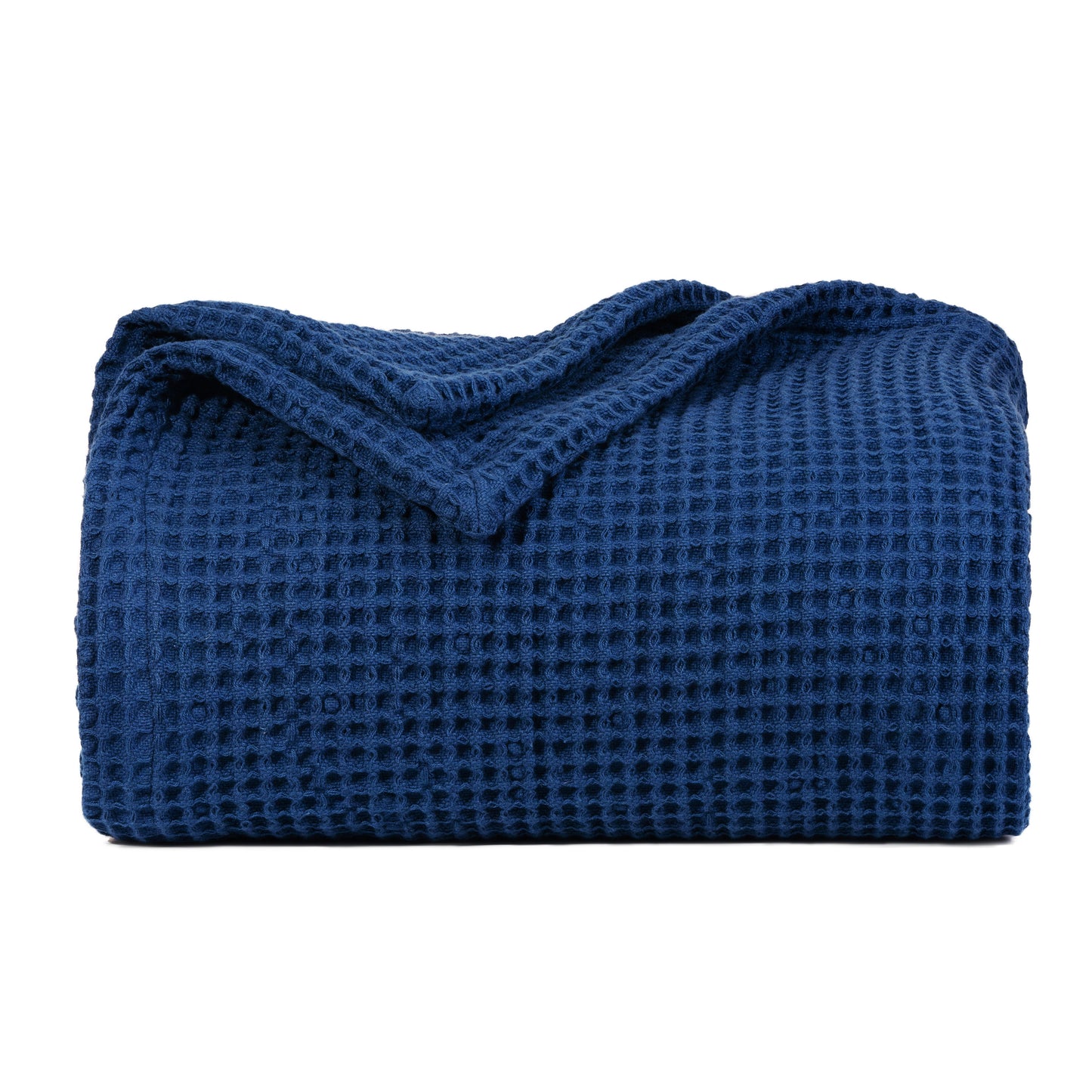 Waffle-weave blanket, folded, dark blue with textured waffle grid.