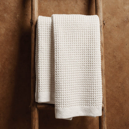 Australian cotton waffle towels in white, folded side-by-side