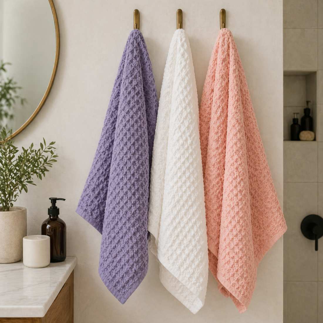 Waffle weave bath towels hanging in purple, white, and coral.