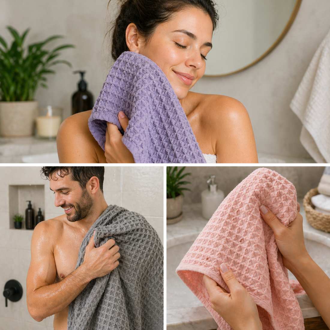 Purple waffle weave bath towel held by a person.