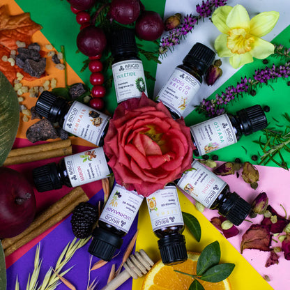 Assorted BRIGID Samhain diffuser oil bottles with black caps and label stickers