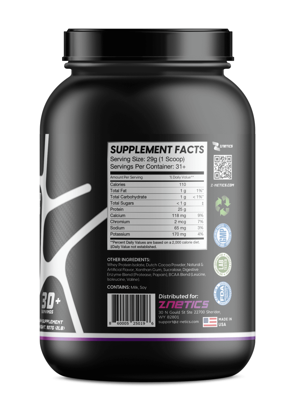 Whey isolate protein tub with black lid, Supplement Facts label and QR code