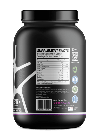 Whey isolate protein tub with black lid, Supplement Facts label and QR code