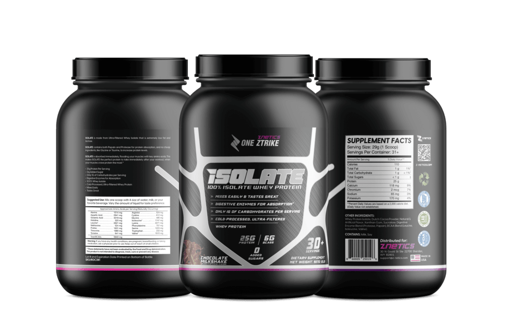 Pack of three whey isolate protein tubs with black lids and multiple labels