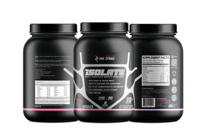 Pack of three whey isolate protein tubs with black lids and multiple labels