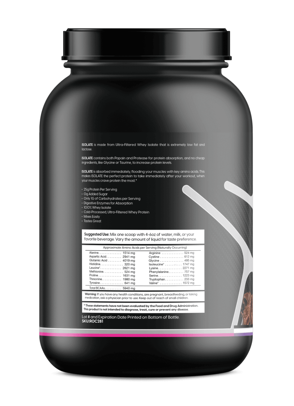 Whey isolate protein tub with black lid, back panel text and nutrition table