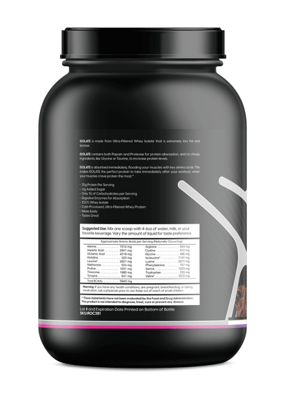 Whey isolate protein tub with black lid, back panel text and nutrition table