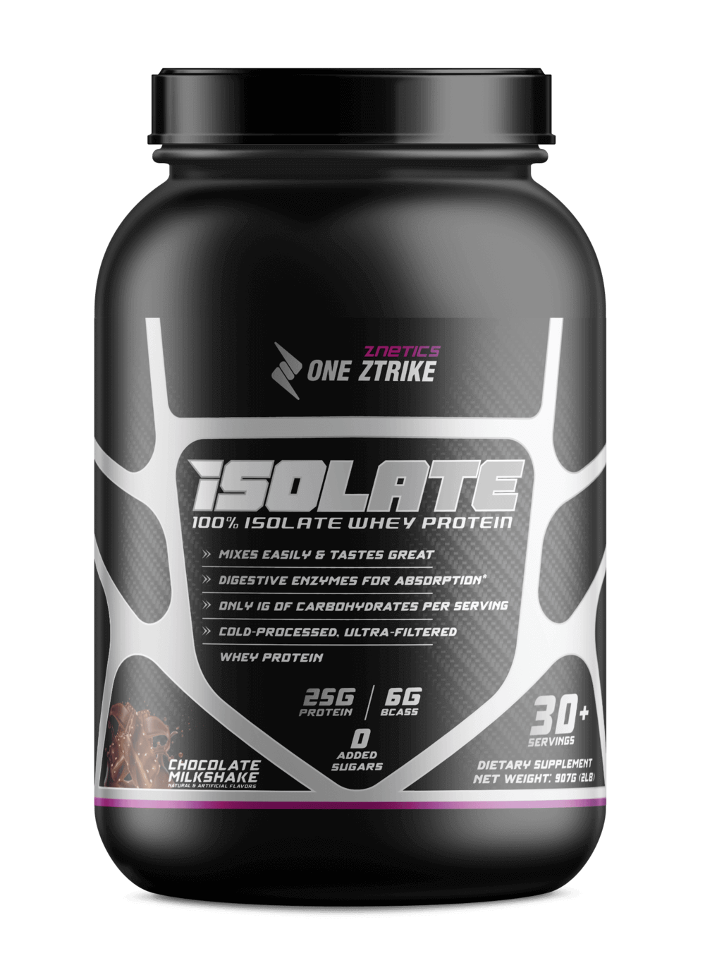 Whey isolate protein tub with black lid, chocolate milkshake front label
