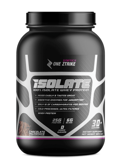Whey isolate protein tub with black lid, chocolate milkshake front label