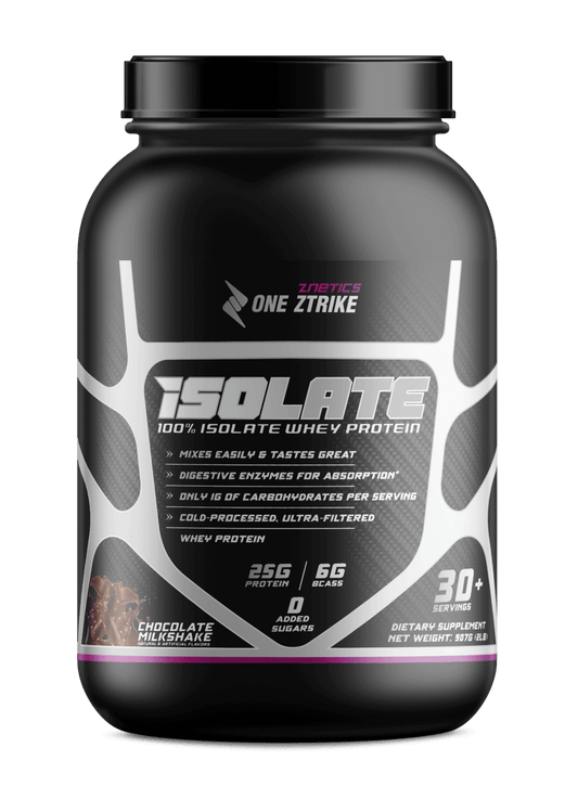 Whey isolate protein tub with black lid, chocolate milkshake front label