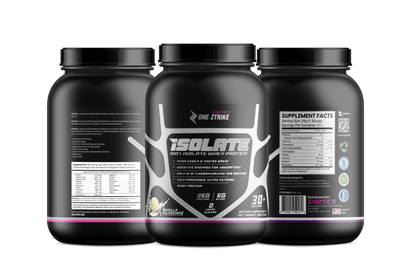 Whey isolate protein tubs (3-pack), black bottles with ONE ZTRIKE labels