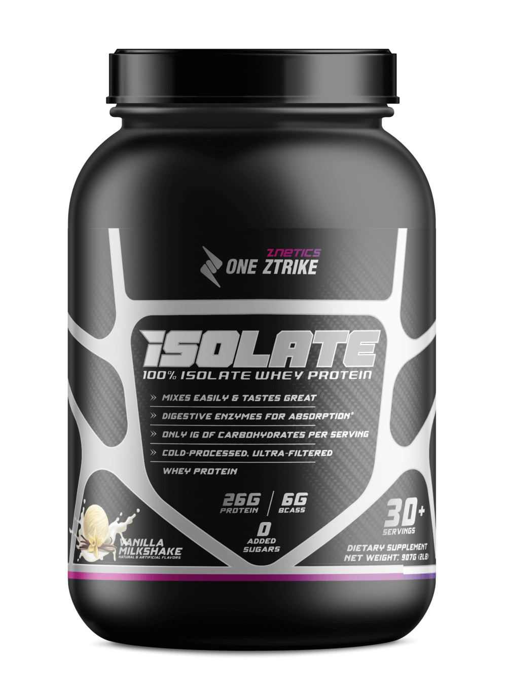 Whey isolate protein tub, vanilla milkshake flavor, black lid and ONE ZTRIKE front label