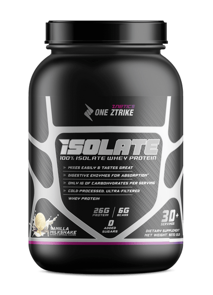 Whey isolate protein tub, vanilla milkshake flavor, black lid and ONE ZTRIKE front label