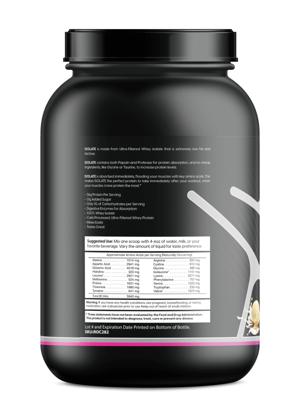 Whey isolate protein tub, back label with nutrition details and ingredient list