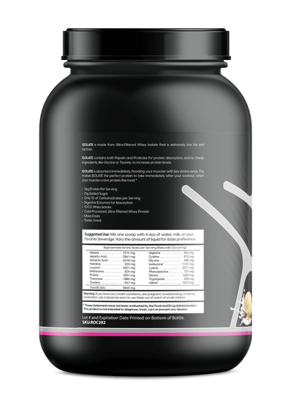 Whey isolate protein tub, back label with nutrition details and ingredient list