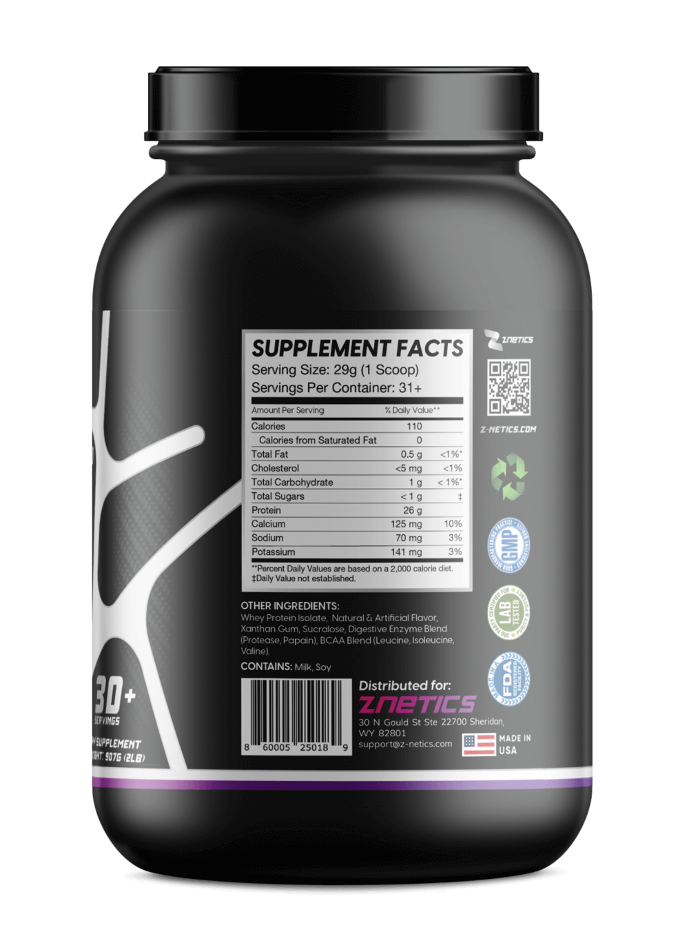 Whey isolate protein tub, Supplement Facts panel on the back