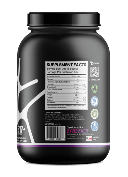 Whey isolate protein tub, Supplement Facts panel on the back
