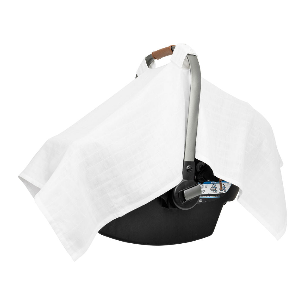 Muslin car seat cover in white with draped canopy panels