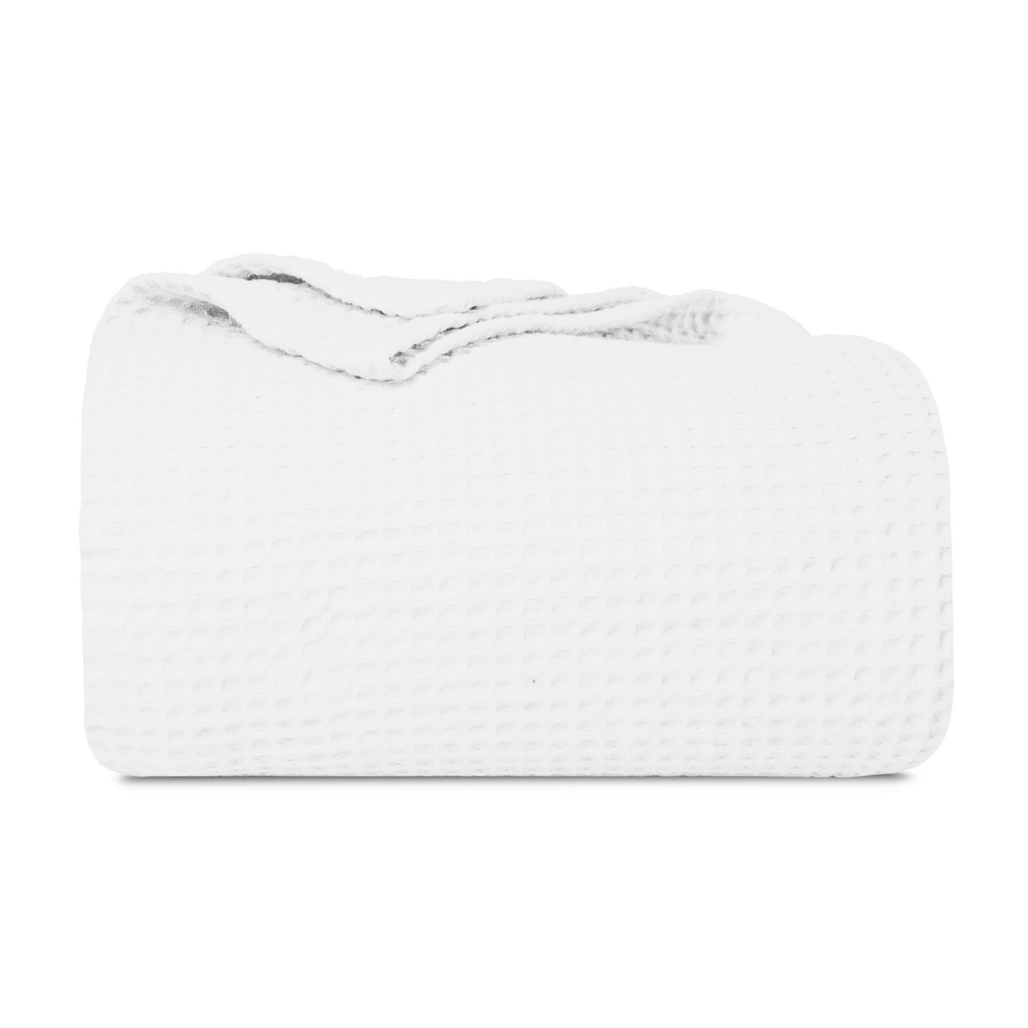 White waffle weave throw blanket, folded with visible textured waffle pattern.