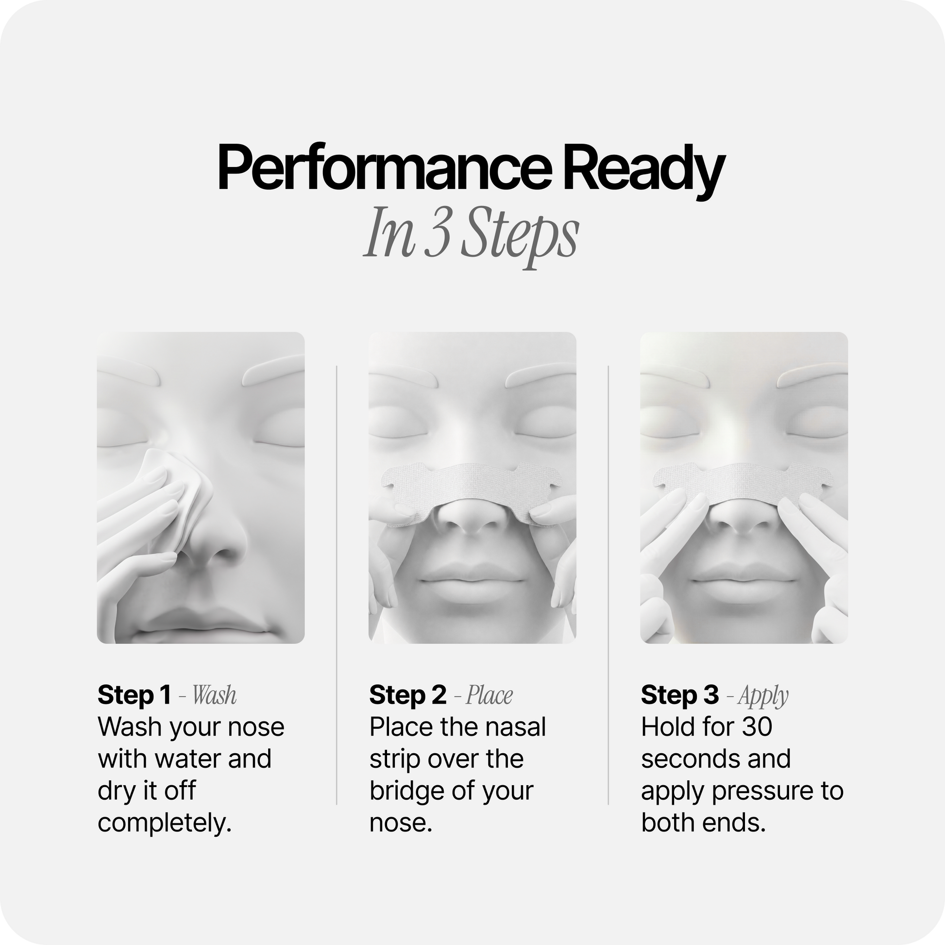 White nasal strips three-step guide showing washing, placing, and applying