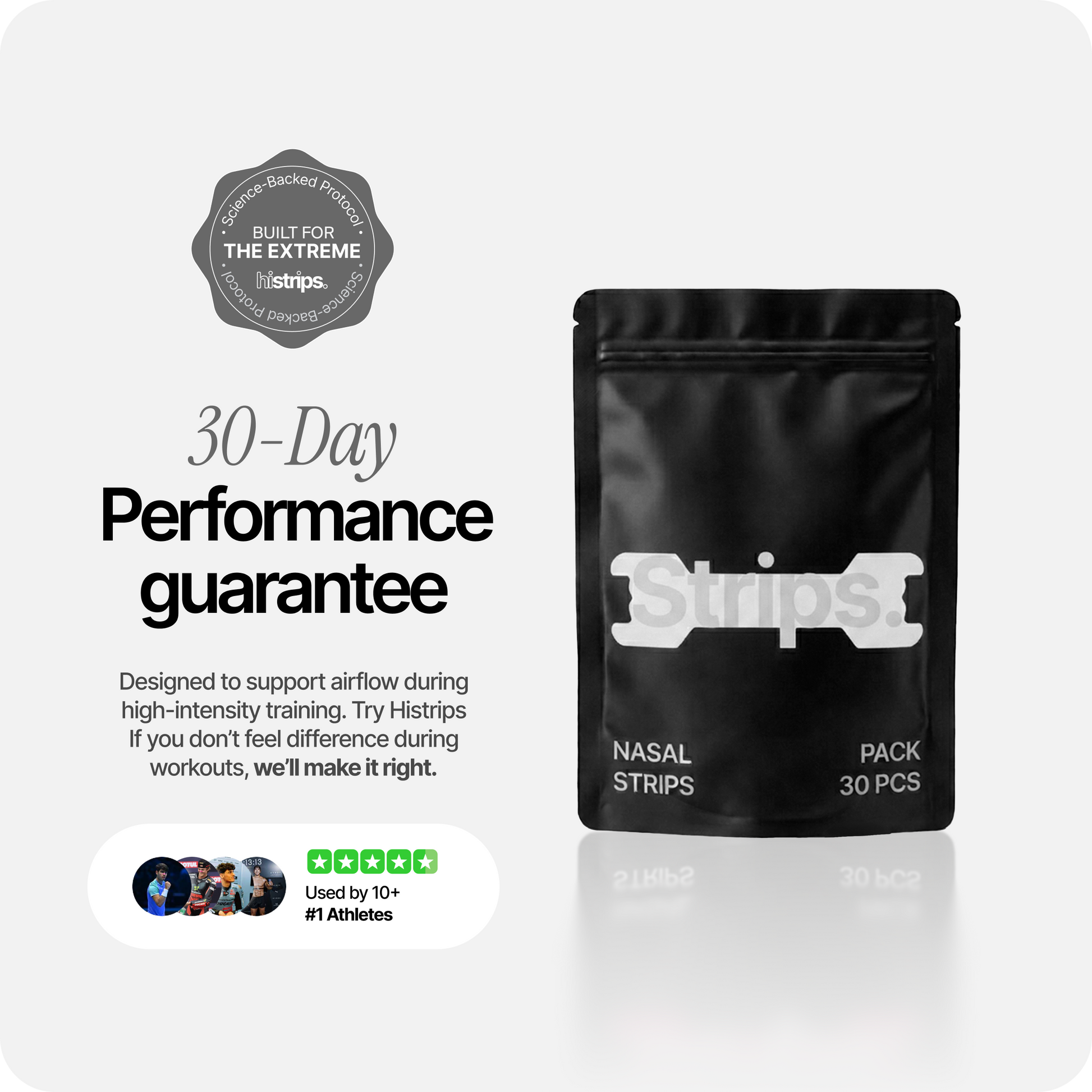 White nasal strips black pouch with performance guarantee badge
