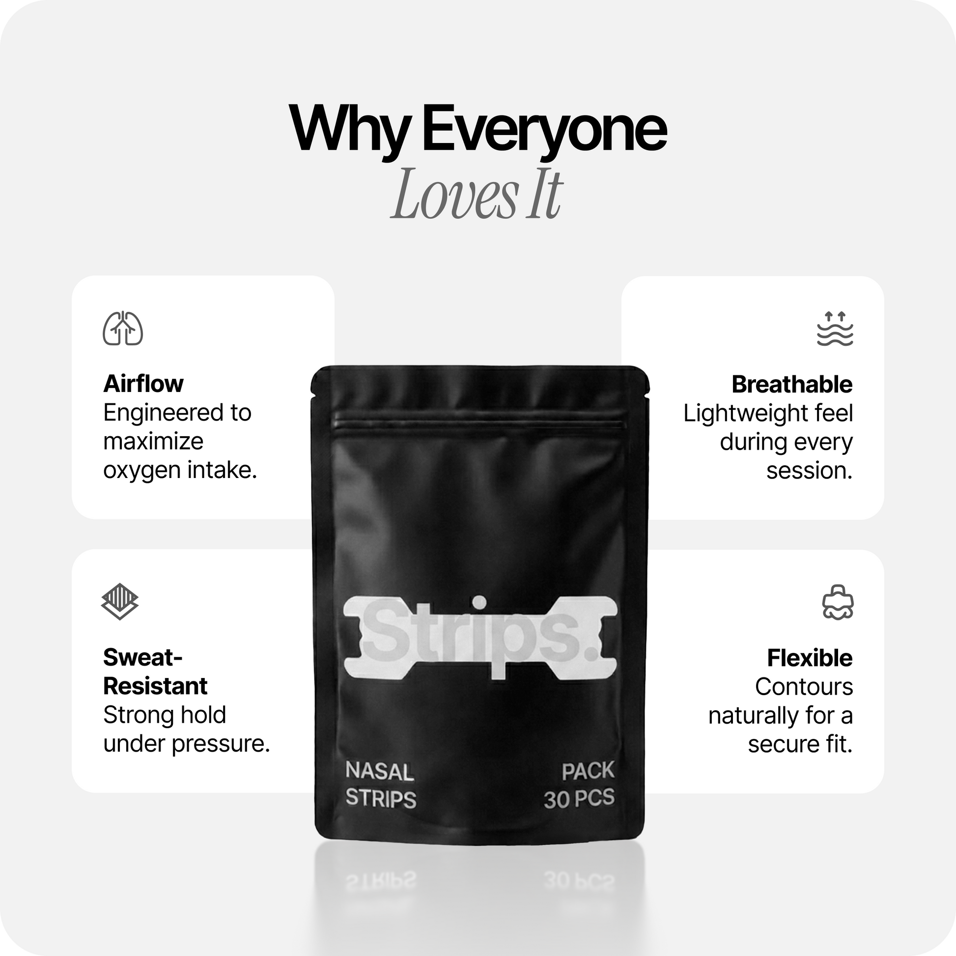 White nasal strips black pouch with airflow and breathability icons