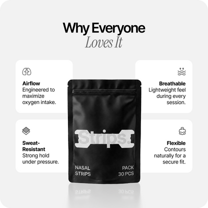 White nasal strips black pouch with airflow and breathability icons