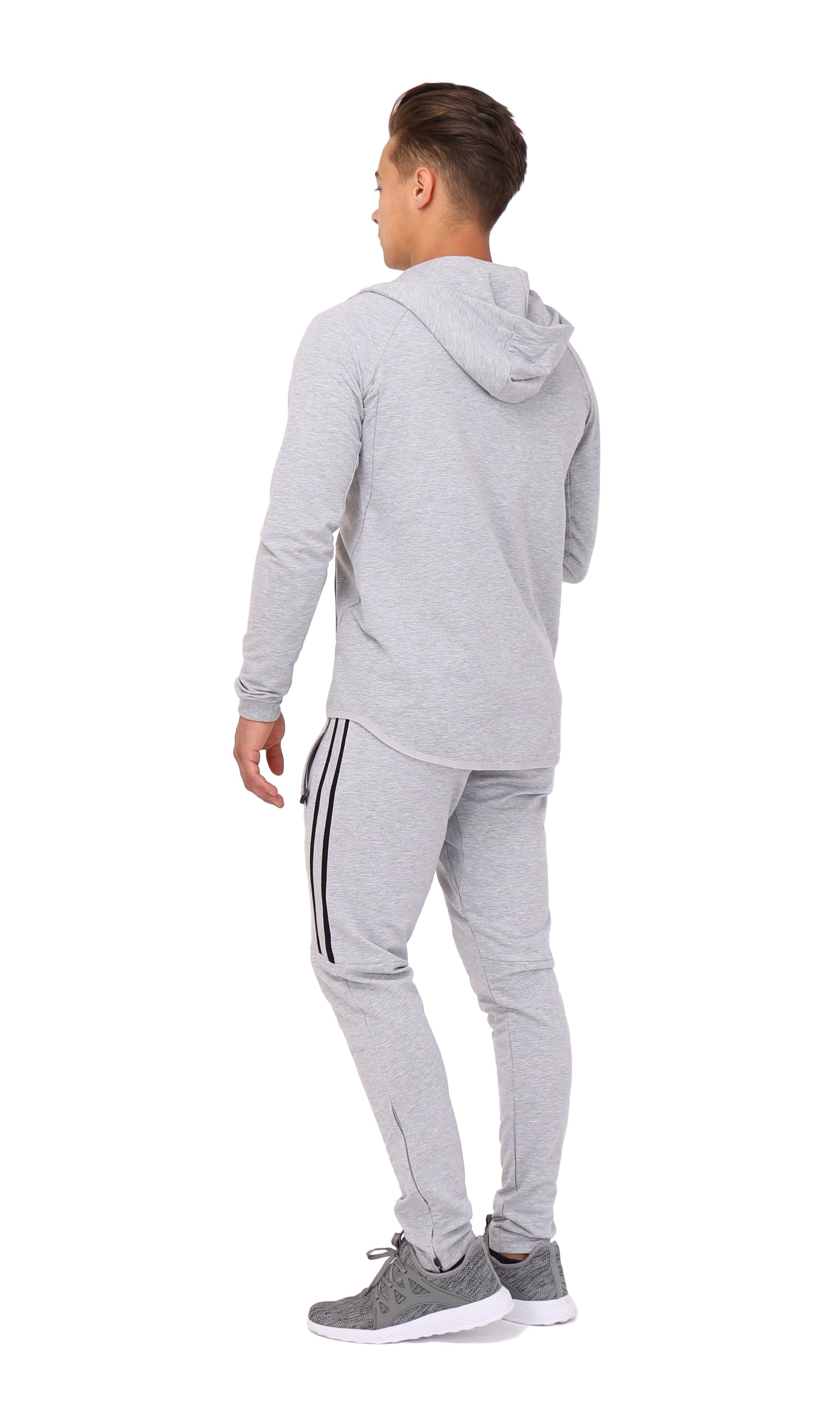 Heather grey slim-fit hooded sweatshirt, back view with front kangaroo pocket