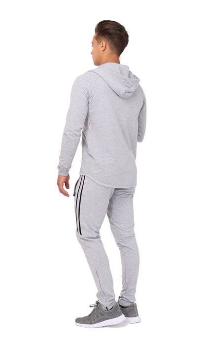 Heather grey slim-fit hooded sweatshirt, back view with front kangaroo pocket