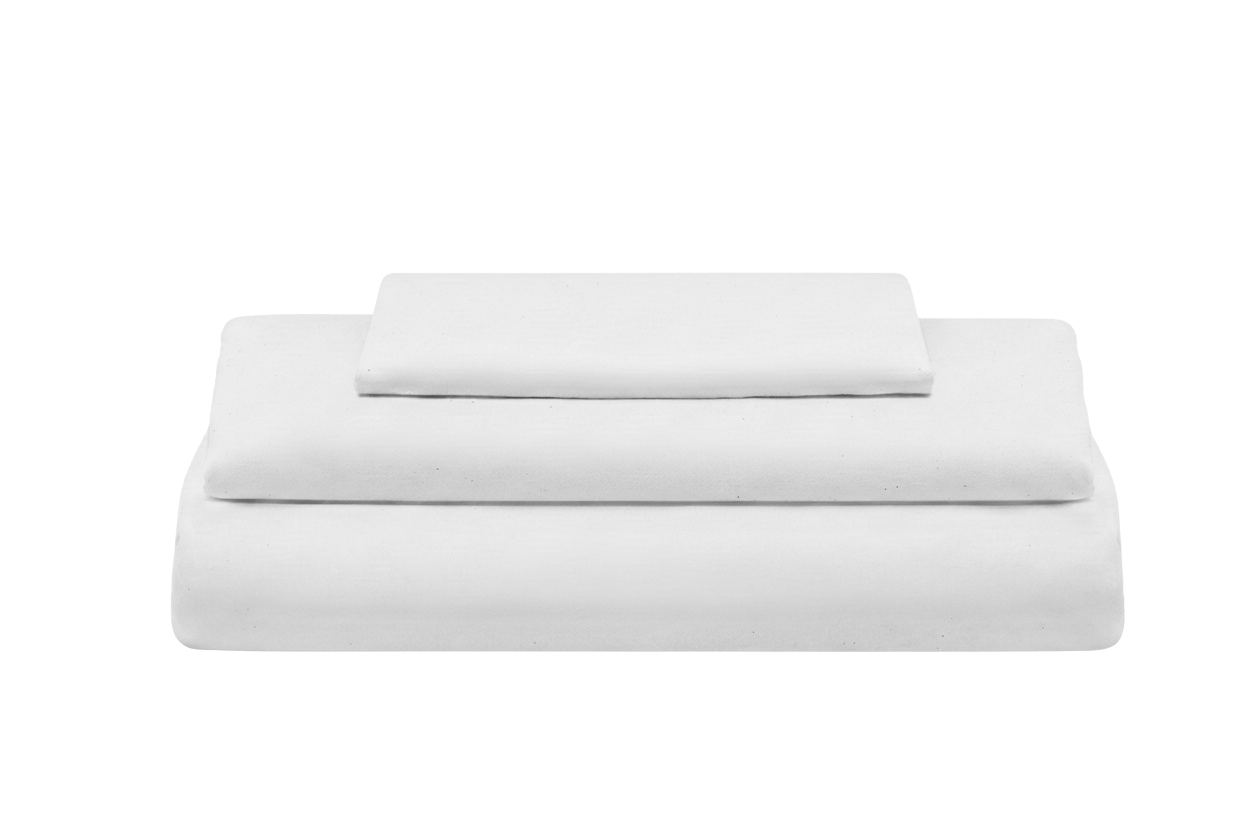 White organic sateen bed sheet set with folded flat sheets and top layer