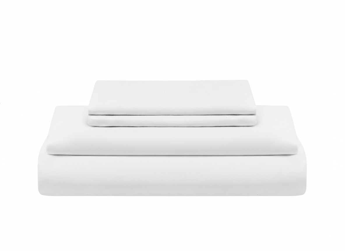White folded bed sheet set with stacked flat sheets and smooth top