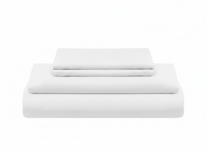 White folded bed sheet set with stacked flat sheets and smooth top