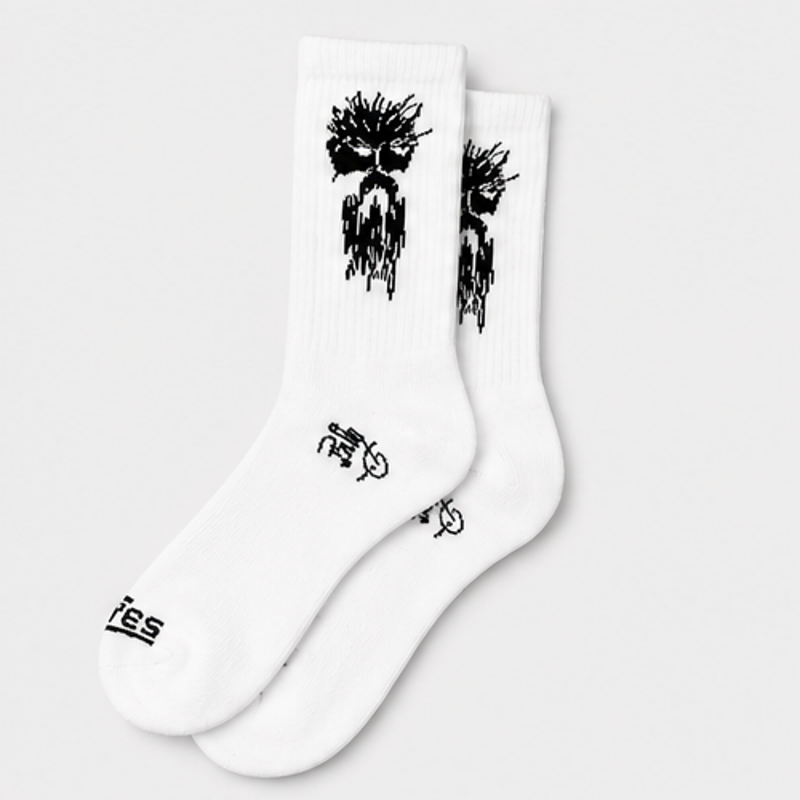 White boot socks with black tree-and-drip graphic, ribbed crew cuffs, pair shown.