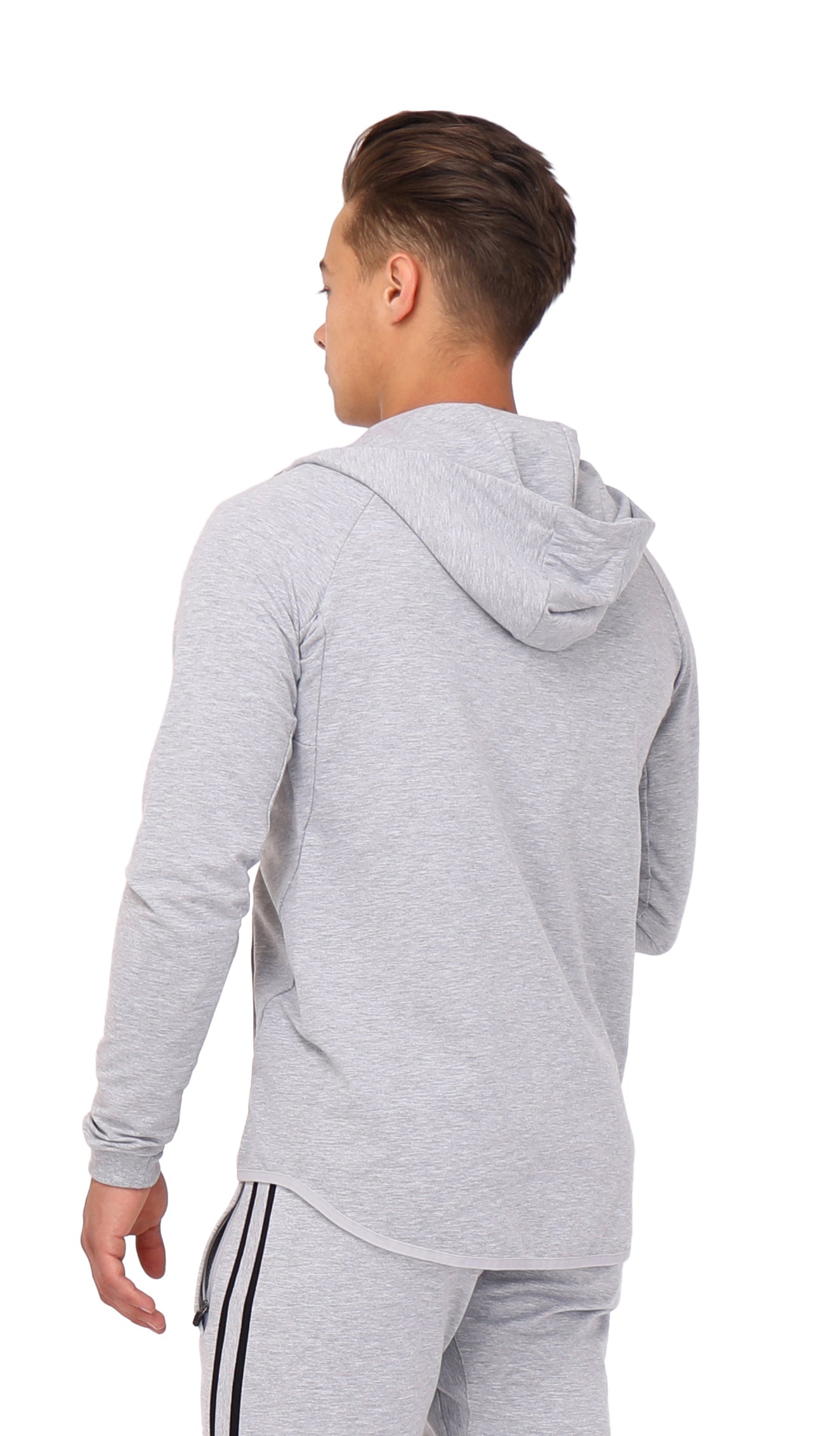 Heather grey slim-fit hooded sweatshirt, back view with drawstring hood