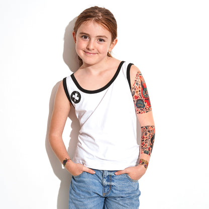 Kids temporary tattoo sleeve on right arm, with skull and monster motifs