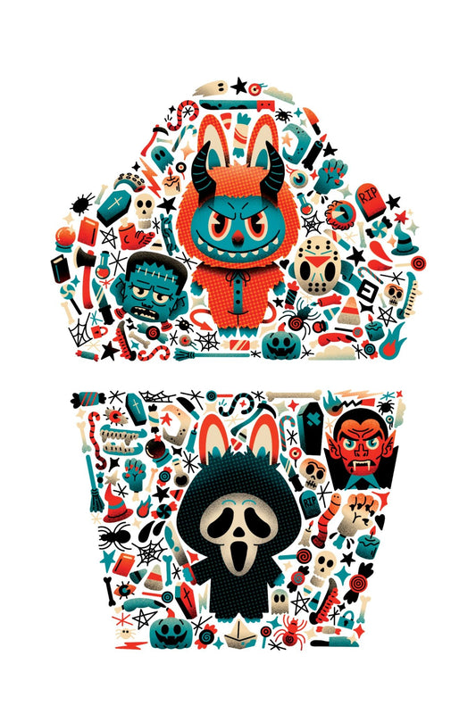 Temporary kids tattoo sleeve with colorful monsters, cat, dog, and spooky symbols