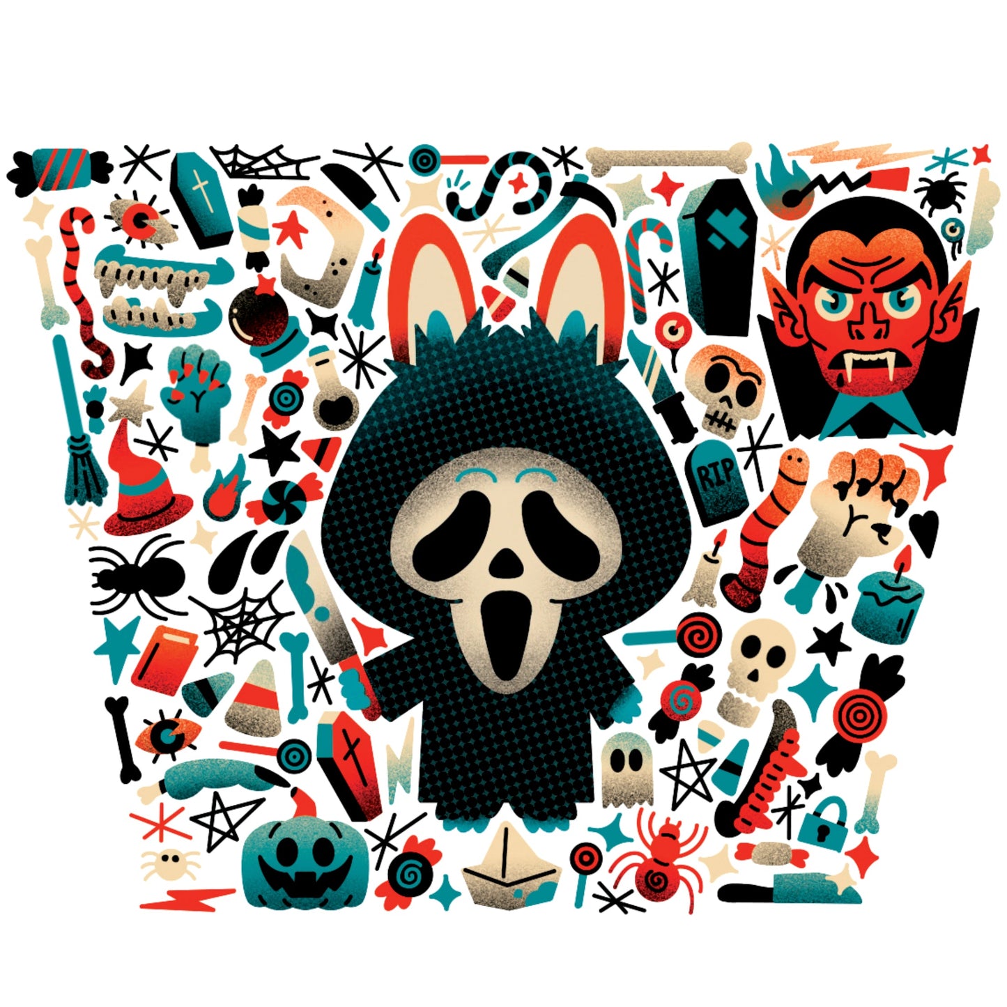 Temporary tattoo sleeve with a central black dog face and assorted spooky icons