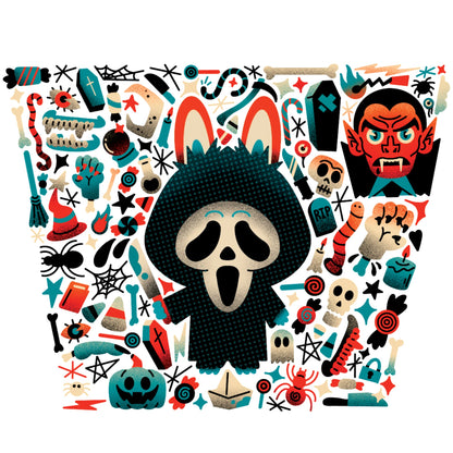 Temporary tattoo sleeve with a central black dog face and assorted spooky icons