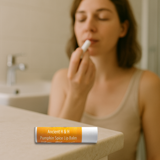 Tallow lip balm tube labeled Pumpkin Spice in a silver and white casing