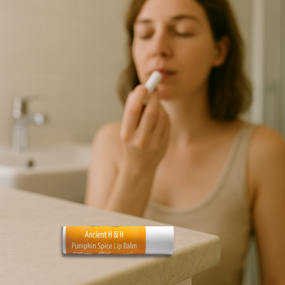 Tallow lip balm tube labeled Pumpkin Spice in a silver and white casing