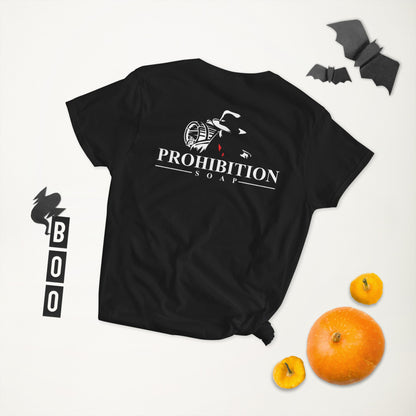 Black fitted crew-neck T-shirt, Prohibition Soap logo and back graphic