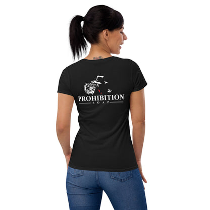 Black fitted crew-neck T-shirt with large Prohibition Soap back graphic