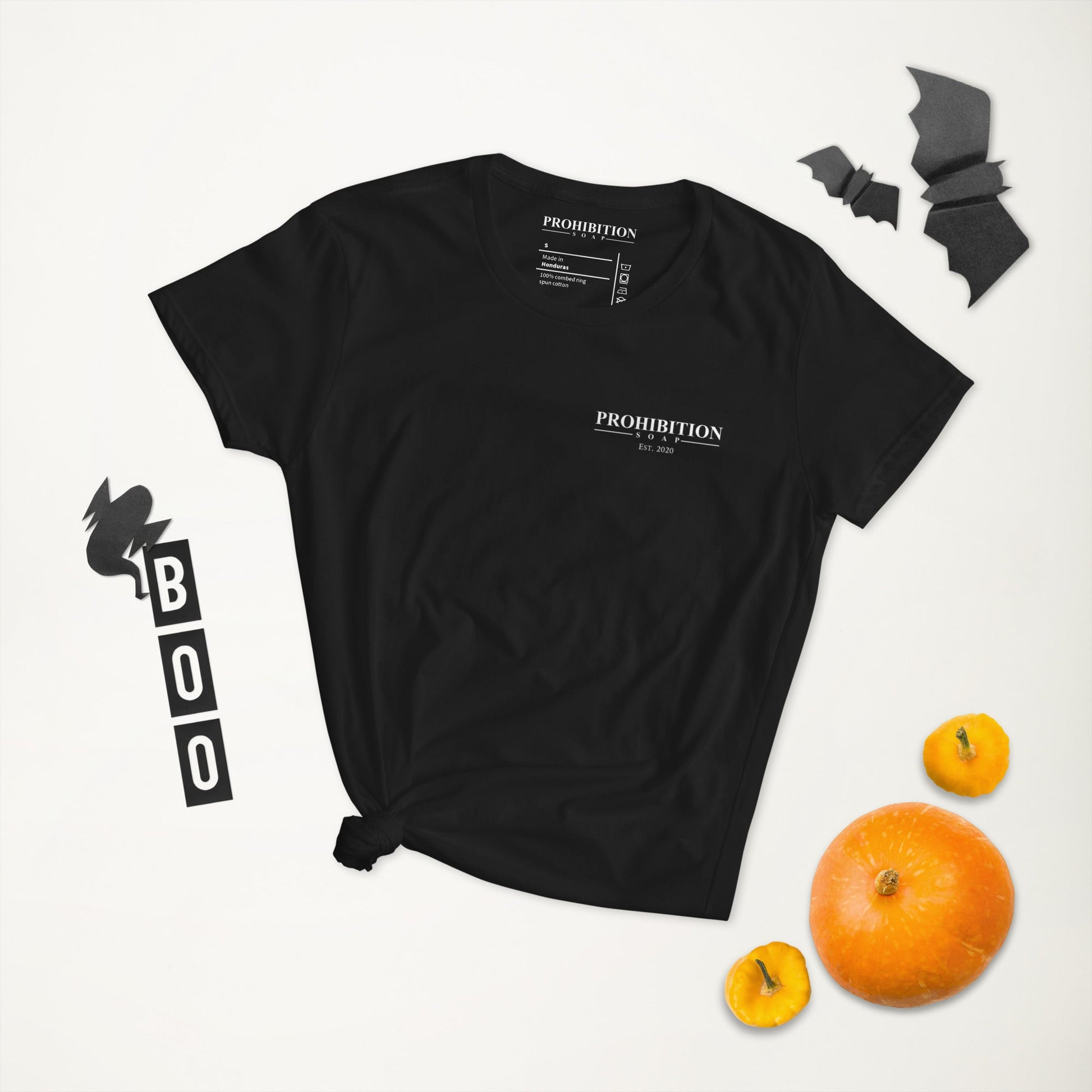 Black fitted crew-neck T-shirt, Prohibition Soap logo on chest