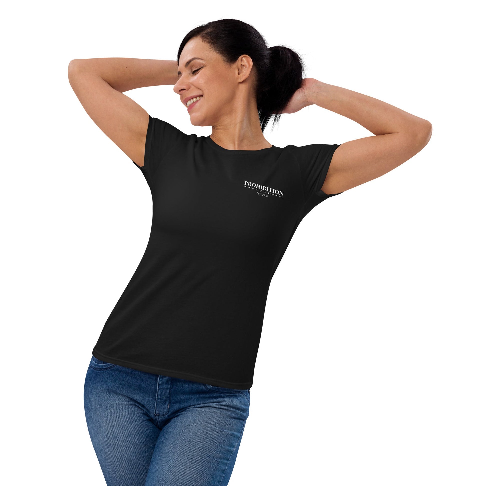 Black fitted crew-neck T-shirt with Prohibition Soap logo on front