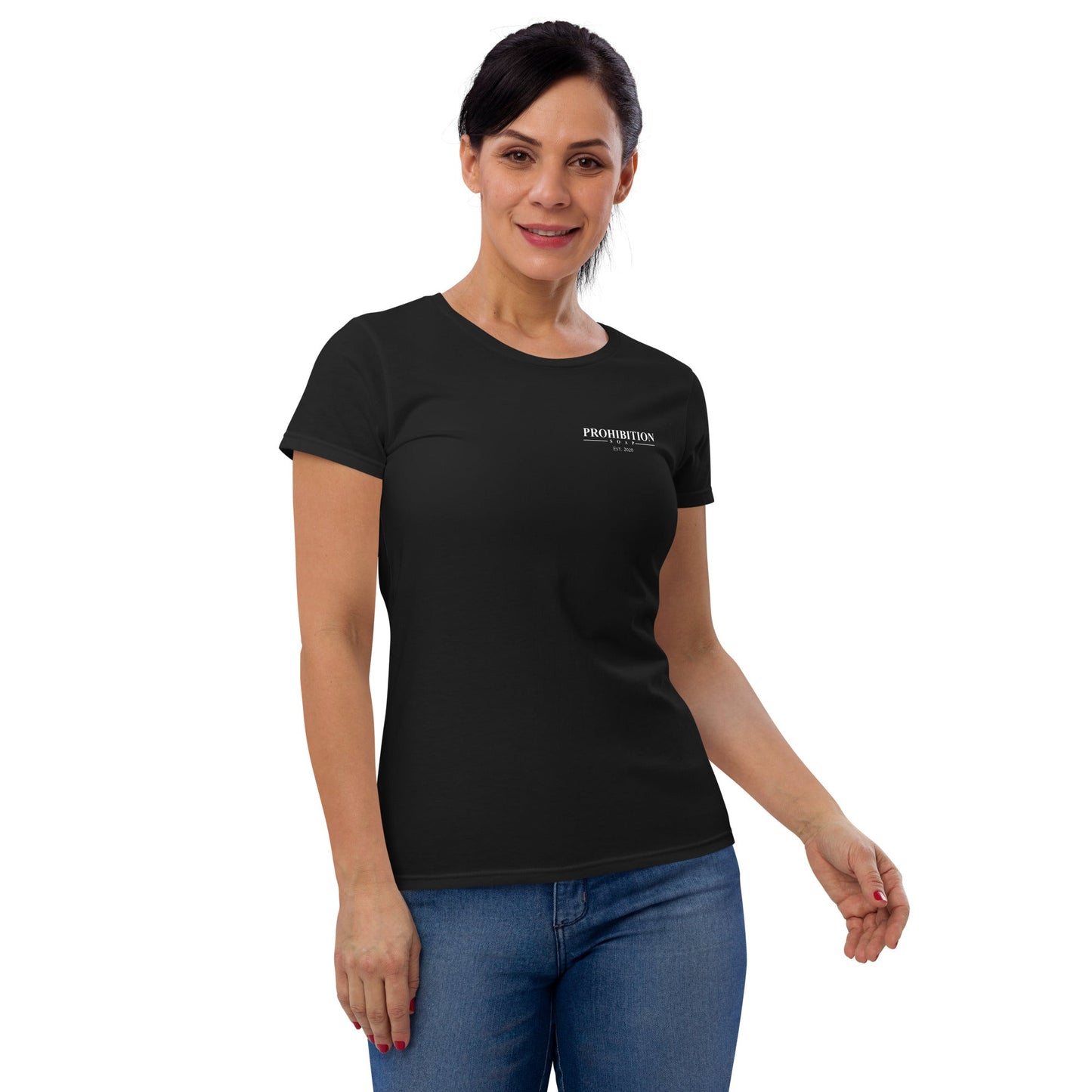 Black fitted crew-neck T-shirt with small Prohibition Soap logo on front