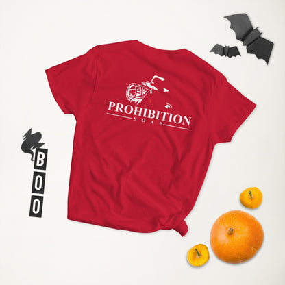 Red fitted crew-neck T-shirt with Prohibition Soap logo and back graphic