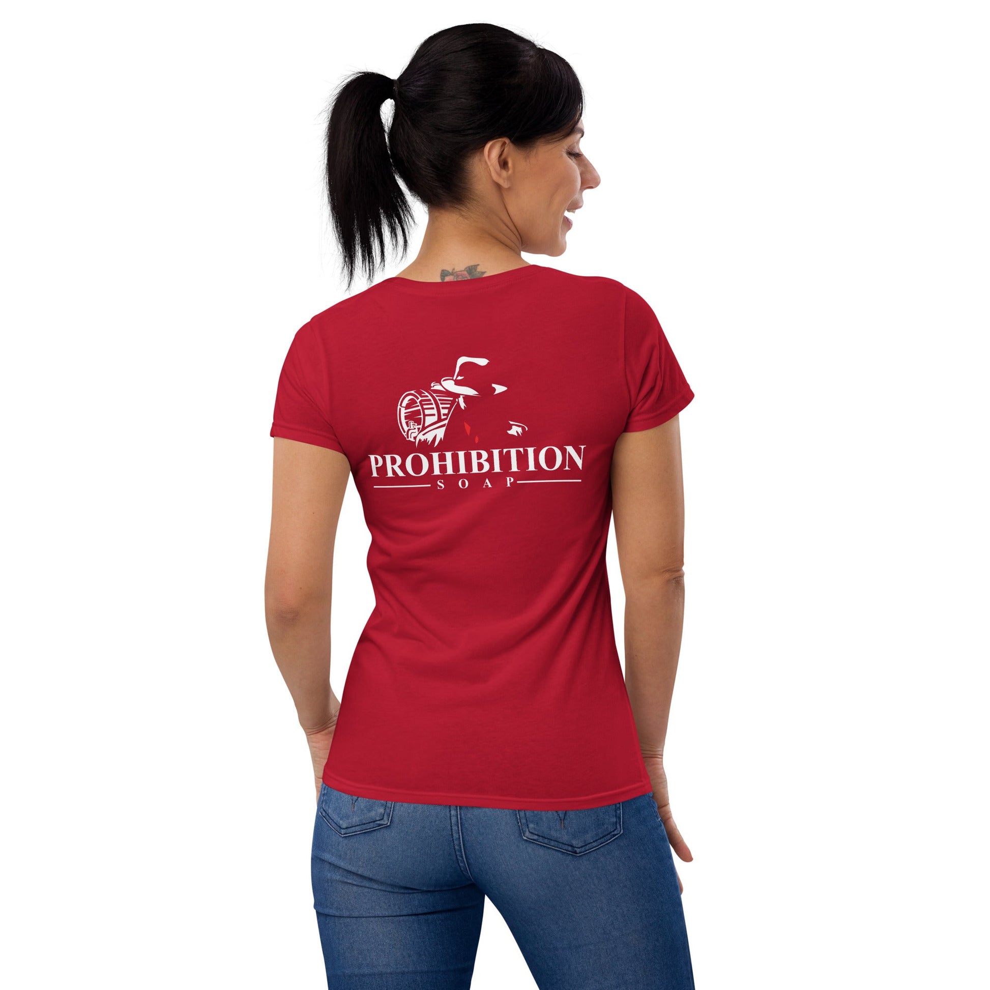 Red fitted crew-neck T-shirt with large Prohibition Soap back graphic