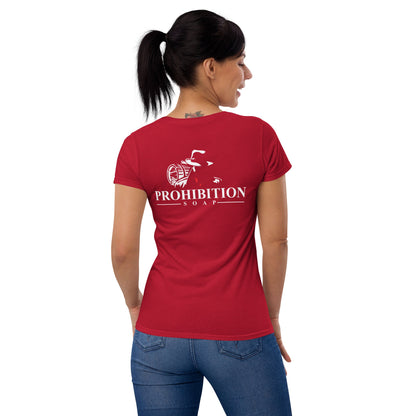 Red fitted crew-neck T-shirt with large Prohibition Soap back graphic