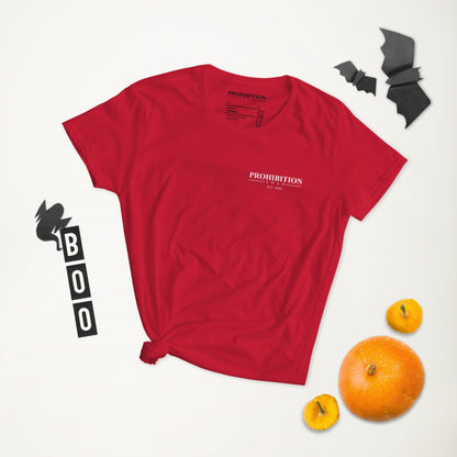 Red fitted crew-neck T-shirt with Prohibition Soap logo on chest