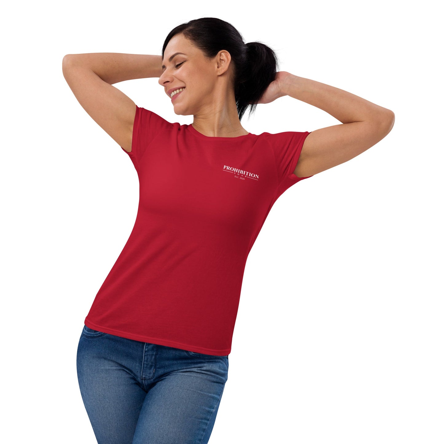 Red fitted crew-neck T-shirt with Prohibition Soap logo on front
